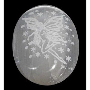 Selenite Fairy Palm Stone – Engraved Handmade Crystal – 2" x 3"
